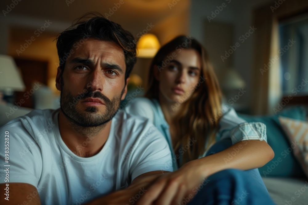 A couple sits closely together in a warmly lit living room, both looking focused and pensive, suggestive of deep thought or an important conversation taking place. A couple sits closely together in a warmly lit living room, both looking focused and pensive, suggestive of deep thought or an important conversation taking place.