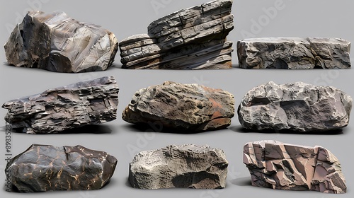 A set of large and long boulders with varied textures and designs, shown on a transparent background. The high-resolution image highlights the natural ruggedness and detailed features of each rock.