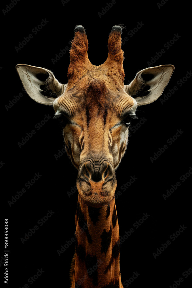 Fototapeta premium Dignified giraffe frontal face portrait, Geographic style, black background, HD
