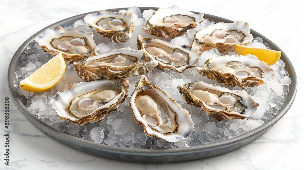 Freshly shucked oysters on a bed of ice with lemon wedges, ready to serve. freshly shucked oysters, seafood, ready to serve, lemon wedges Freshly shucked oysters on a bed of ice with lemon wedges, ready to serve. freshly shucked oysters, seafood, ready to serve, lemon wedges
