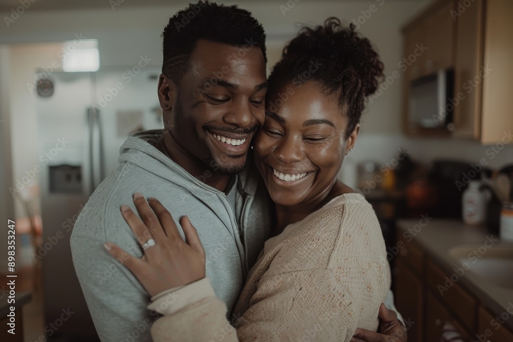 Couple with matching beautiful smiles, sharing a close and affectionate embrace in a modern kitchen; their happiness and bond are depicted in this reassuring moment. Couple with matching beautiful smiles, sharing a close and affectionate embrace in a modern kitchen; their happiness and bond are depicted in this reassuring moment.
