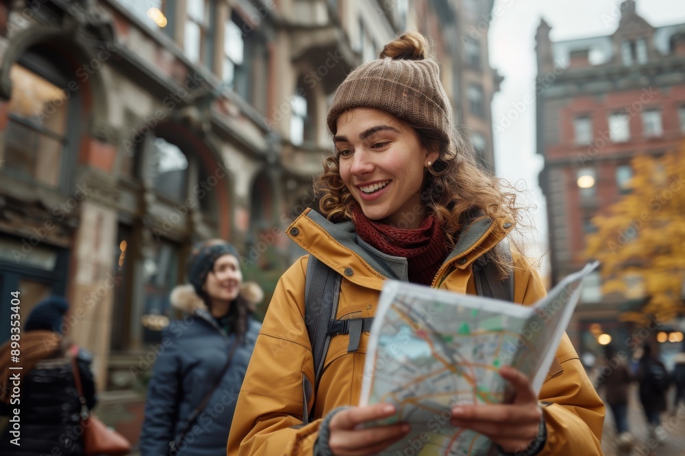 Fototapeta premium A young traveler holding a map beams with joy as she navigates her way through a cityscape in the fall, embodying youthful adventure and curiosity on a crisp day.