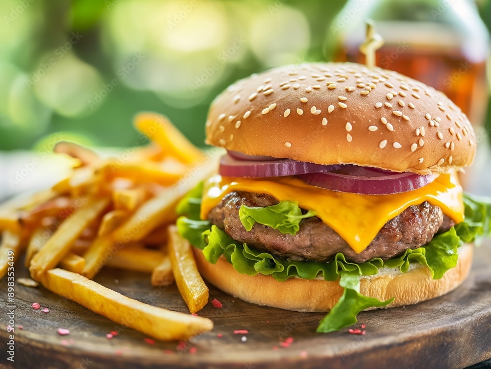 Cheeseburger with fries on wooden board in outdoor setting Cheeseburger with fries on wooden board in outdoor setting
