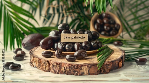 Saw palmetto supplements capsules on the table. Selective focus.