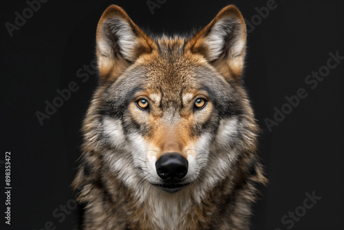 Noble wolf frontal face portrait, National Geographic style, black background, HD