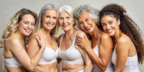 A diverse group of women of different ages embracing and smiling, celebrating their natural beauty and strength in a heartwarming moment