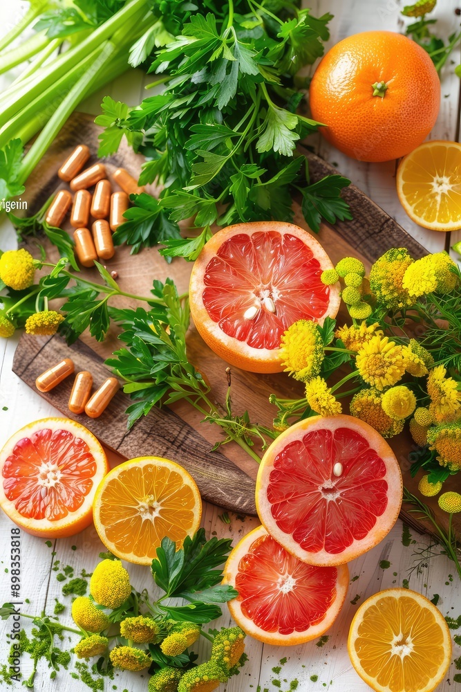 Apigenin in food products on the table. Selective focus.