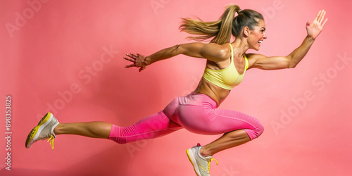 A fit athlete in sportswear vigorously jumps and warms up against a bright background. Her strong posture and determined expression reflect her athleticism and determination