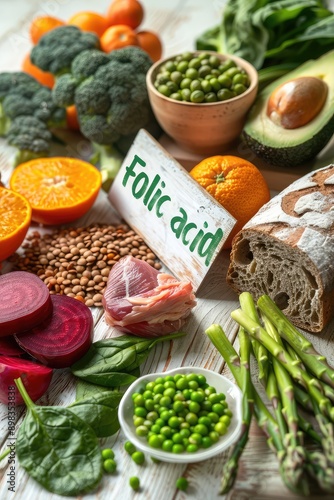 Folic acid in foods is on the table. Selective focus.