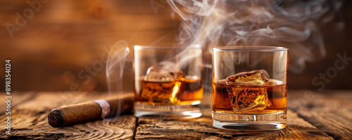 Two glasses of bourbon and a cigar on a wooden table. Concept Bourbon, Cigar, Wooden Table, Relaxation, Enjoying Life.