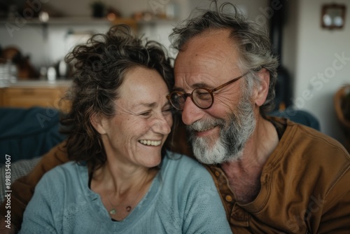 An older couple is sitting close together, smiling and laughing in a warm and cozy home environment, highlighting a moment of affection, happiness and togetherness.