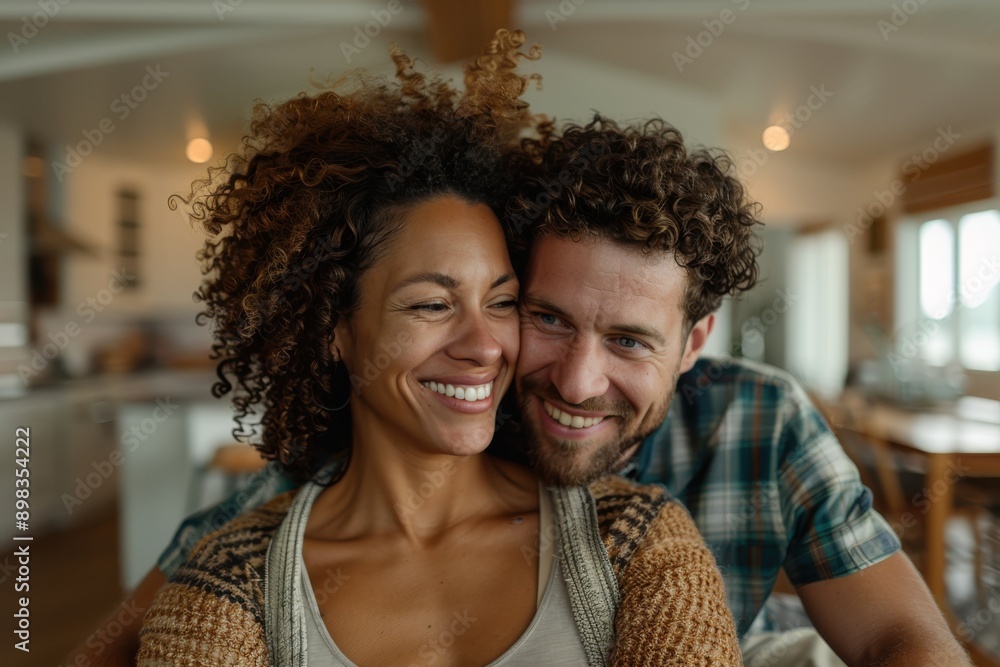 Obraz premium A cheerful couple is embracing and smiling happily in a warmly lit indoor space, representing a moment of joy, affection, and strong connection in a cozy environment.