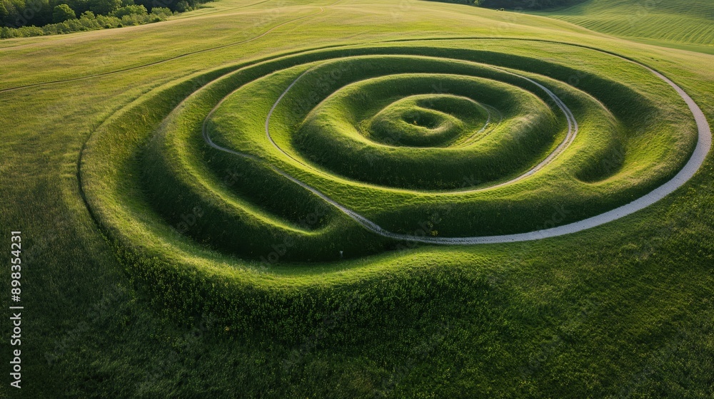 Aerial view of a green, grassy landscape with a large, spiral-shaped earthwork structure featuring terraced layers forming a circular pattern. Aerial view of a green, grassy landscape with a large, spiral-shaped earthwork structure featuring terraced layers forming a circular pattern.