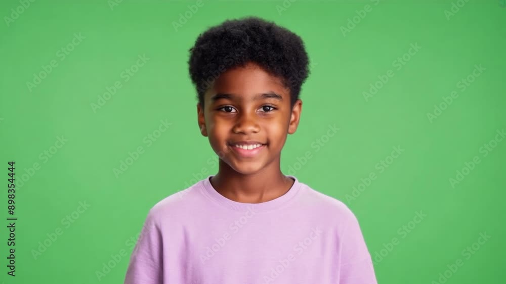 Smiling black boy looking at camera on green screen Smiling black boy looking at camera on green screen