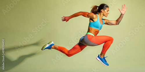 A fit athlete in sportswear vigorously jumps and warms up against a bright background. Her strong posture and determined expression reflect her athleticism and determination