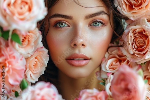 Close-up portrait of a woman with blue eyes surrounded by soft pink roses.