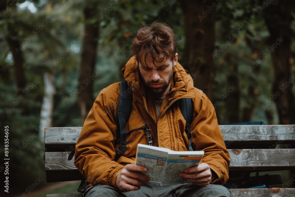 An individual sits on a wooden bench in a forest, studying a map, creating an atmosphere of exploration and solitude amidst the tranquility of nature. An individual sits on a wooden bench in a forest, studying a map, creating an atmosphere of exploration and solitude amidst the tranquility of nature.