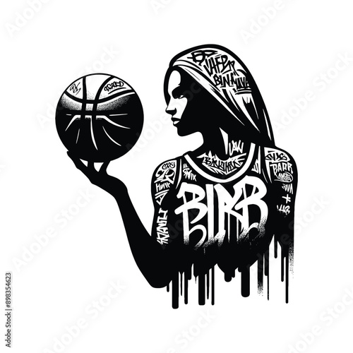 Basketball  female player in graffiti tags, street art pattern illustration, emblem shield badge