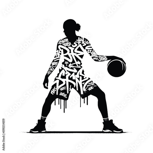 Basketball  female player in graffiti tags, street art pattern illustration, emblem shield badge