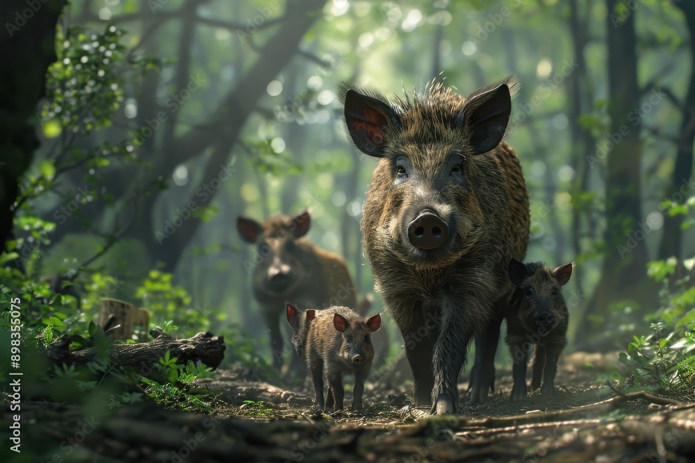 A family of wild boars foraging in the undergrowth of a dense forest. A family of wild boars foraging in the undergrowth of a dense forest.