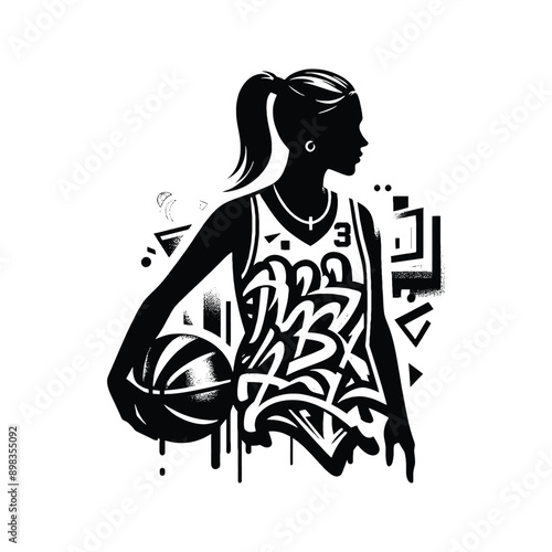 Basketball  female player in graffiti tags, street art pattern illustration, emblem shield badge