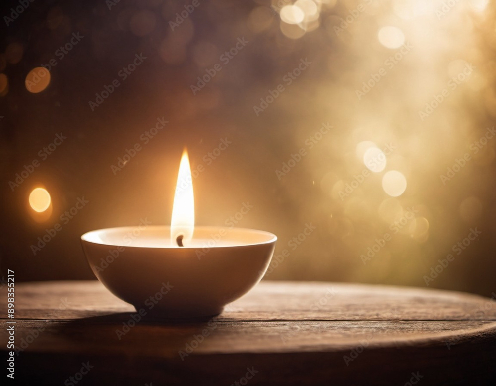 Candle burns in dish with wisp of smoke rising from flame. Background is soft, blurred green, suggesting natural outdoor setting. Warm glow of candle and peaceful scene create sense of tranquility. Candle burns in dish with wisp of smoke rising from flame. Background is soft, blurred green, suggesting natural outdoor setting. Warm glow of candle and peaceful scene create sense of tranquility.