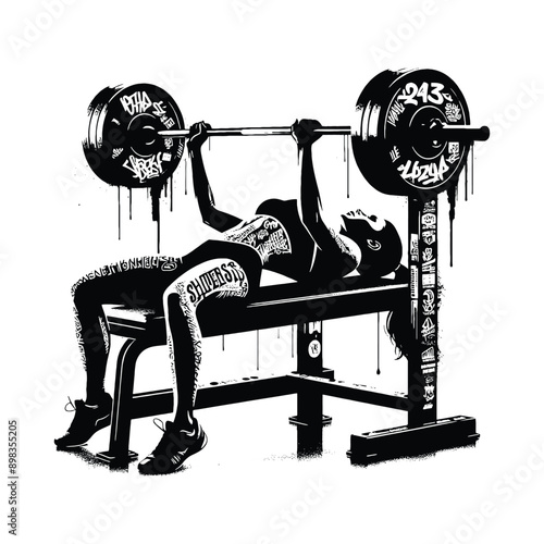 Bench press, weight lifting   female player in graffiti tags, street art pattern illustration, emblem shield badge
