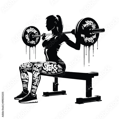 Bench press, weight lifting   female player in graffiti tags, street art pattern illustration, emblem shield badge