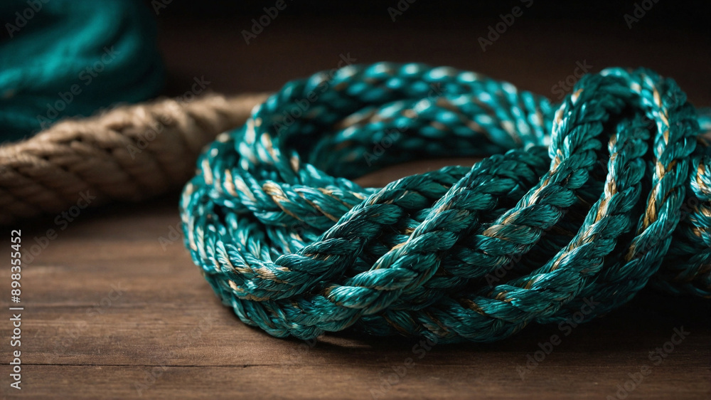 Coiled blue rope on a dark wooden surface
Coiled blue rope on a dark wooden surface