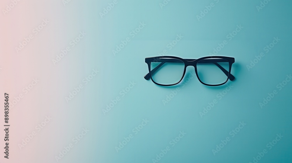 A pair of black eyeglasses lie on a blue and pink gradient background. Generative AI A pair of black eyeglasses lie on a blue and pink gradient background. Generative AI