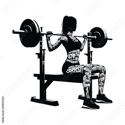 Bench press, weight lifting   female player in graffiti tags, street art pattern illustration, emblem shield badge
