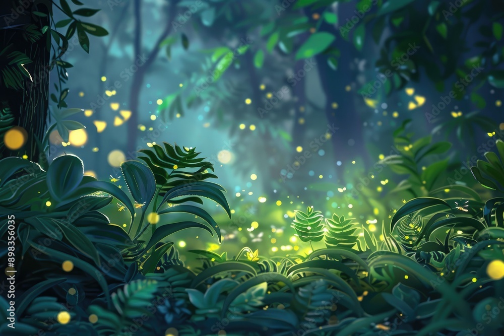 Lush greenery with fireflies dancing in the night, Illuminated ...
