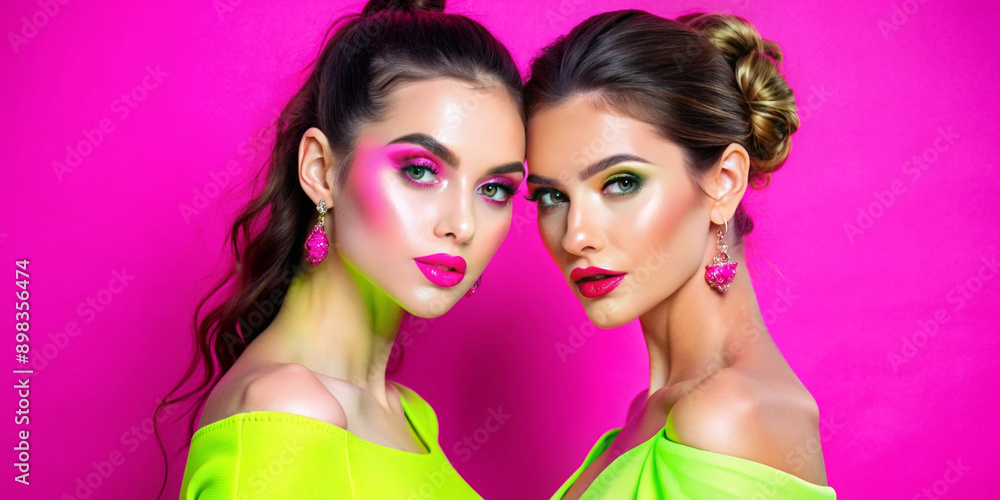 Obraz premium Two beautiful women with flawless skin pose together against a blue background. They wear elegant white outfits and striking earrings, showcasing their stunning features and sophisticated style
