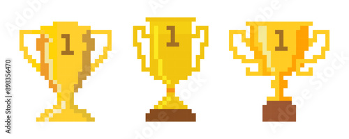 Golden pixel trophy cup isolated on white background. Symbol of Victory. Flat design. Vector illustration.