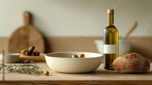 Rustic kitchen setup with olive oil bottle, loaf of bread, bowl of green olives, and fresh herbs on wooden table