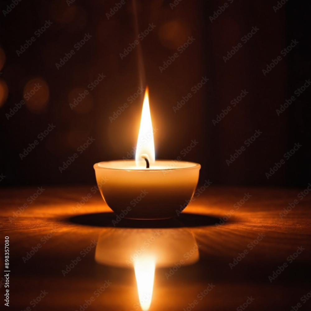 Candle burns in dish with wisp of smoke rising from flame. Background is soft blurred, suggesting natural indoor warm setting. Warm glow of candle and peaceful scene create sense of tranquility. Candle burns in dish with wisp of smoke rising from flame. Background is soft blurred, suggesting natural indoor warm setting. Warm glow of candle and peaceful scene create sense of tranquility.
