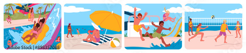 Beach pool. Summer party. Aqua park. Amusement water slides. Aquapark entertainment. Bath pipe swimming. Family swim relax. Tall splash. Waterpark attractions. Vector holiday sea vacation scenes set