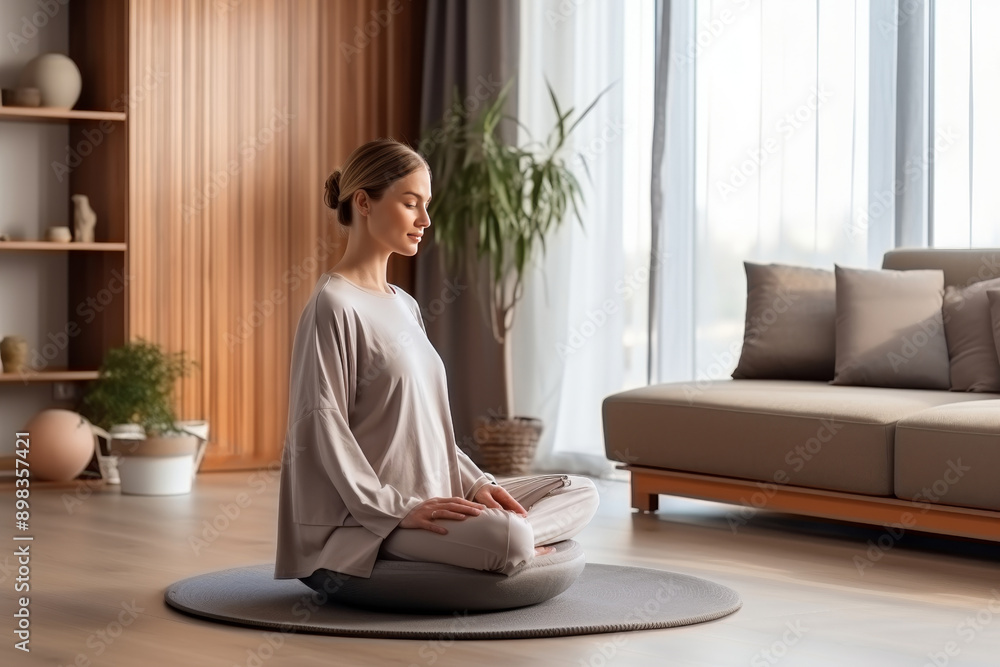 pregnant smiling woman meditating in lotus pose at stylish minimalist home interior for relaxation pregnant smiling woman meditating in lotus pose at stylish minimalist home interior for relaxation
