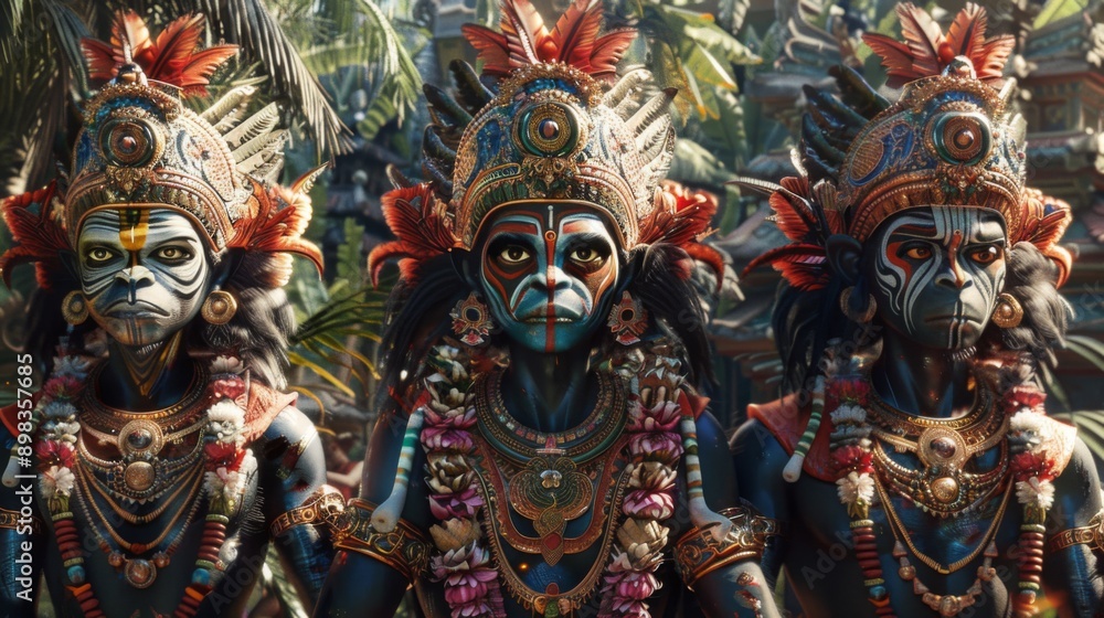 Three Monkey Warriors with Elaborate Headdresses Three Monkey Warriors with Elaborate Headdresses