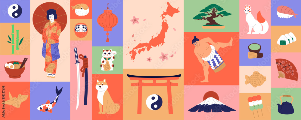 Fototapeta premium Japan collage. Travel landmark. Asian food. Geisha kimono. Island map. Traditional souvenir. Koi fish. Akita dog. Matcha tea. Samurai katana. Pagoda torii gate. Flat Japanese set. Vector illustration