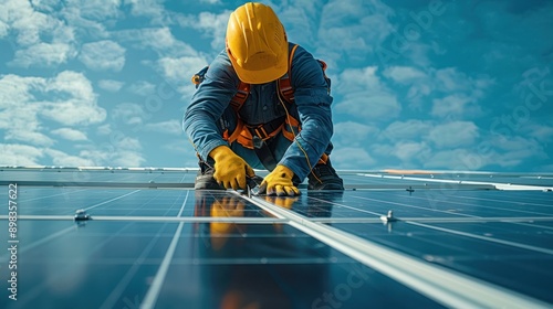 Workers installing solar panels on a building, representing sustainability in construction photo