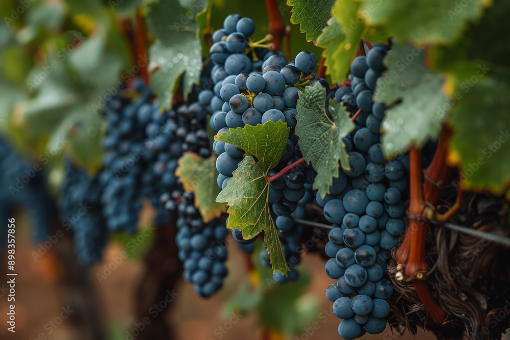Bountiful clusters of ripe Merlot grapes hang heavy on the vine framed by the verdant foliage of a Bordeaux vineyard in Septembers harvest season Bountiful clusters of ripe Merlot grapes hang heavy on the vine framed by the verdant foliage of a Bordeaux vineyard in Septembers harvest season