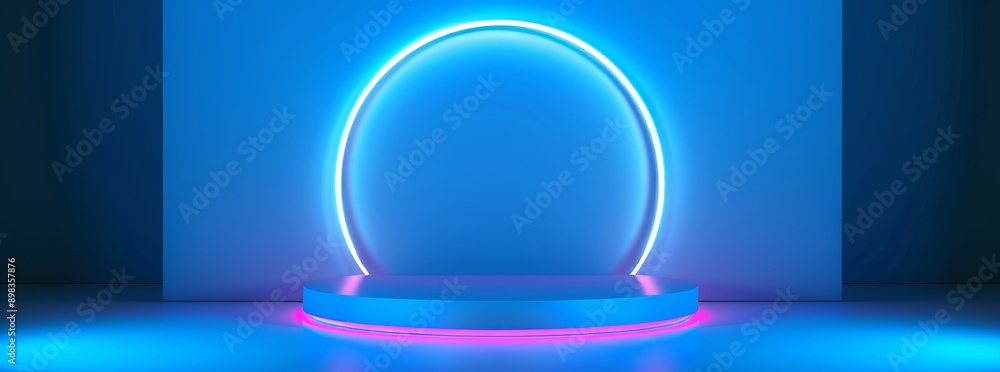 An abstract neon podium background with blue light and a ring line effect on the floor. This background was created using a blue light neon pedestal on a dark background.