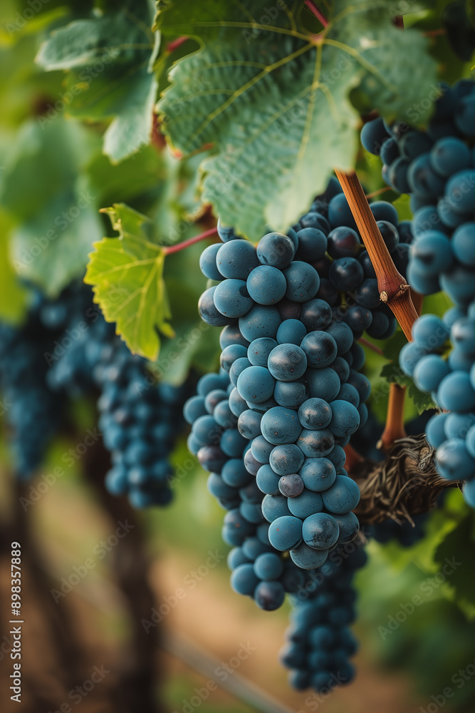 Bountiful clusters of ripe Merlot grapes hang heavy on the vine framed by the verdant foliage of a Bordeaux vineyard in Septembers harvest season