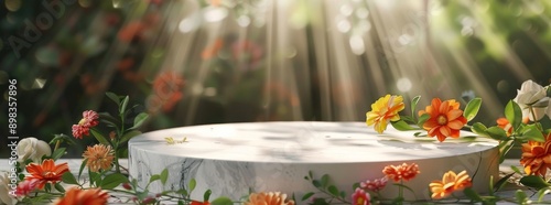 Pink spring flowers background podium scene floral mockup cosmetic white blossom summer abstract shadow platform minimal design render stage.