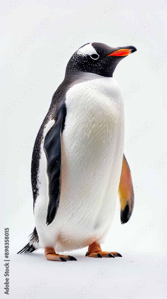 A single gentoo penguin standing on white snow A single gentoo penguin standing on white snow