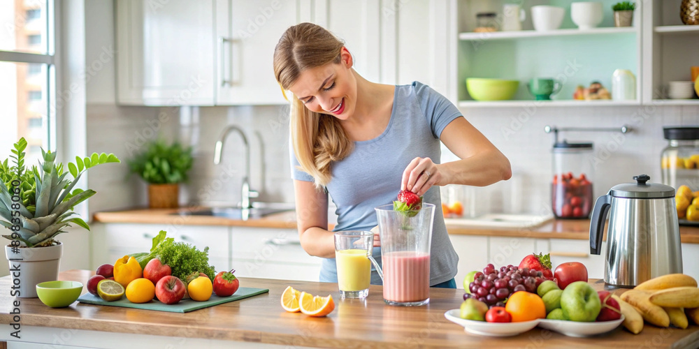 A woman in a bright kitchen prepares a fresh fruit smoothie, chopping tomatoes on a cutting board. The countertop is filled with colorful fruits and vegetables, showcasing a healthy lifestyle A woman in a bright kitchen prepares a fresh fruit smoothie, chopping tomatoes on a cutting board. The countertop is filled with colorful fruits and vegetables, showcasing a healthy lifestyle