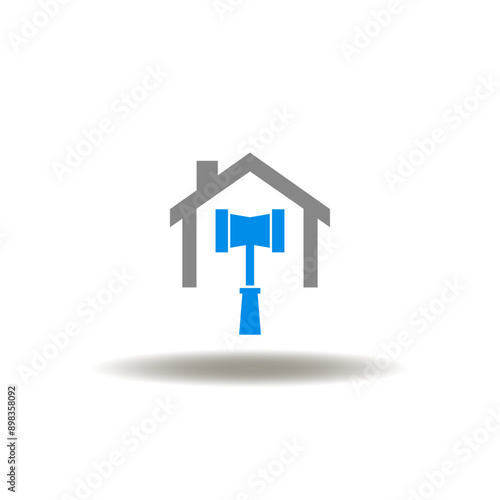 Vector illustration of house and gavel sign. Icon of probate. Symbol of property law.