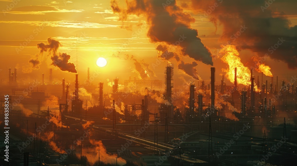 Oil refinery with flare stacks and pipelines, capturing the complexity and scale of the petrochemical industry, Oil refinery with flare stacks and pipelines, capturing the complexity and scale of the petrochemical industry,