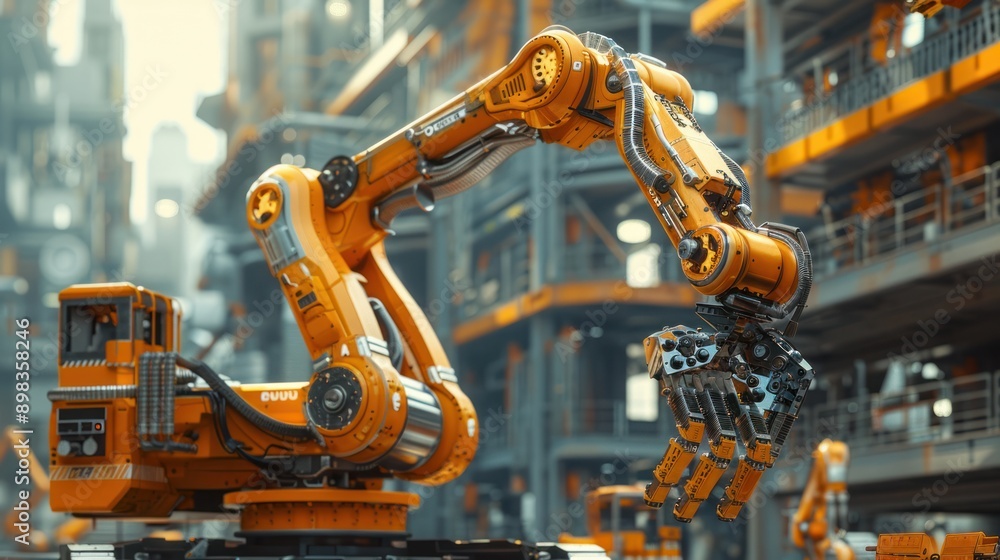 Modern construction site with robots assisting in building tasks, representing the future of automation in construction Modern construction site with robots assisting in building tasks, representing the future of automation in construction